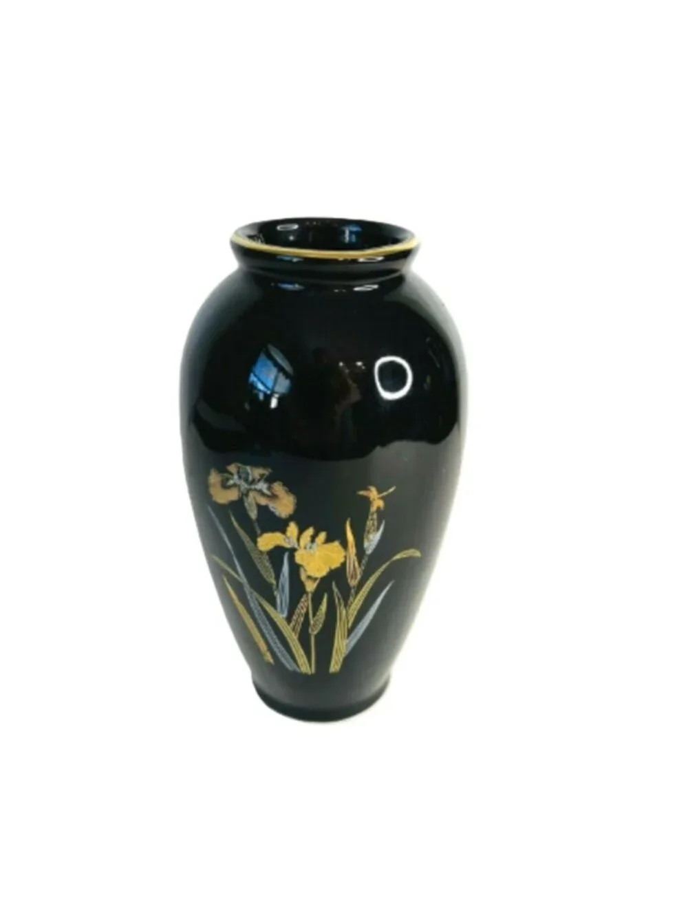 Vintage Japanese Bigei Toki Black Porcelain Bud Vase Gold Silver Floral Iris 6